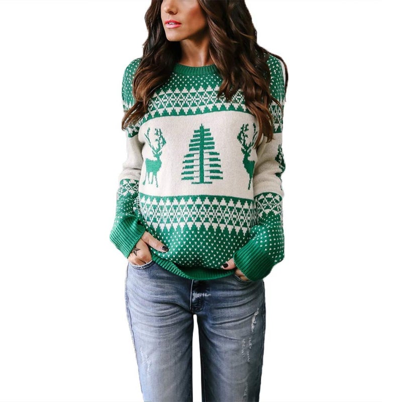 EXLURA Patterns Reindeer Ugly Christmas Crew Neck Long Sleeve Sweater Jumper Pullover Knitted Printed Tops Green - Image 1